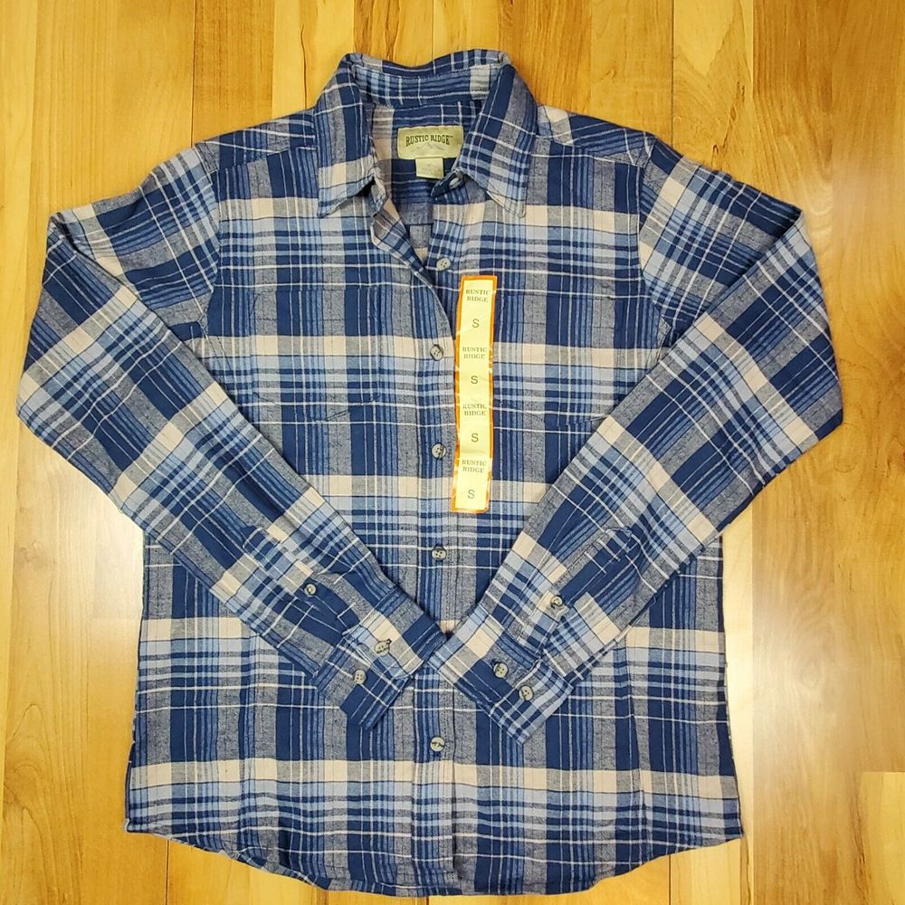 Rustic Ridge Flannel Shirt Womens Sz S Longsleeve Blue Plaid Button Front